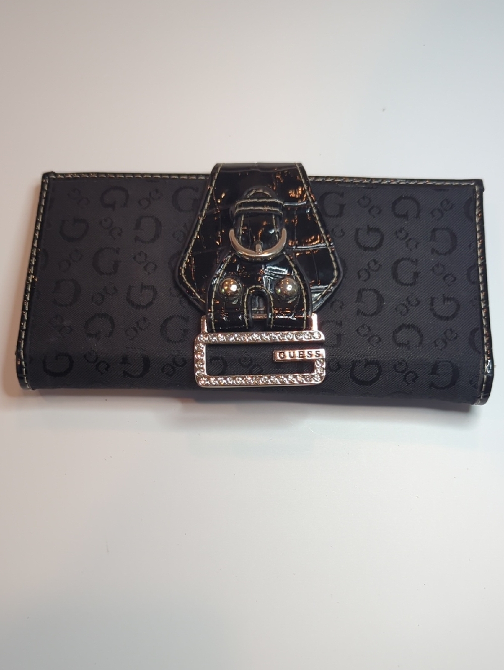 Guess Black Logo Continental Wallet with Rhinestone Buckle Accent